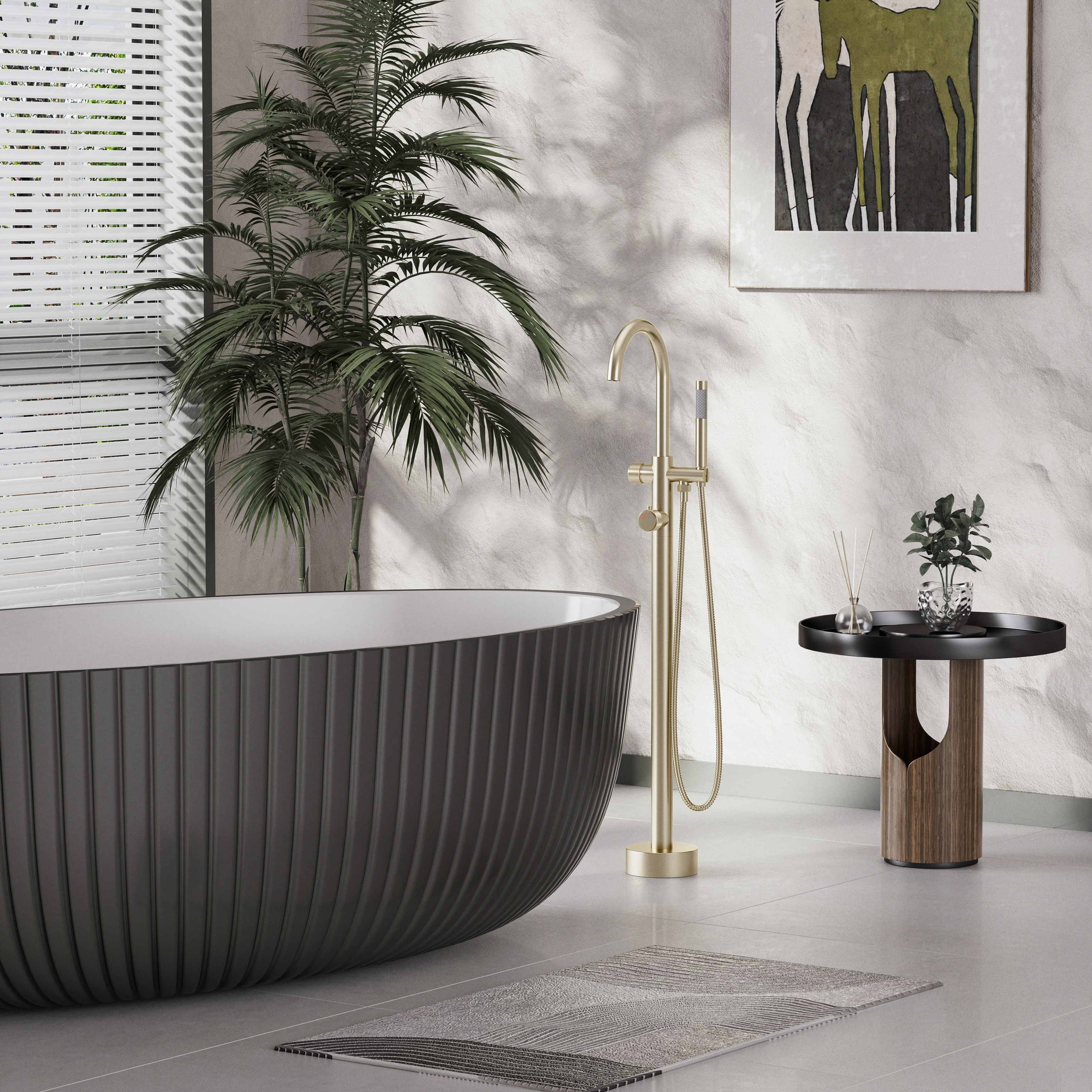 Modland Outdoor Thermostatic Freestanding Tub Faucet in 316 Stainless Steel with Hand Shower and 360° Swivel Spout