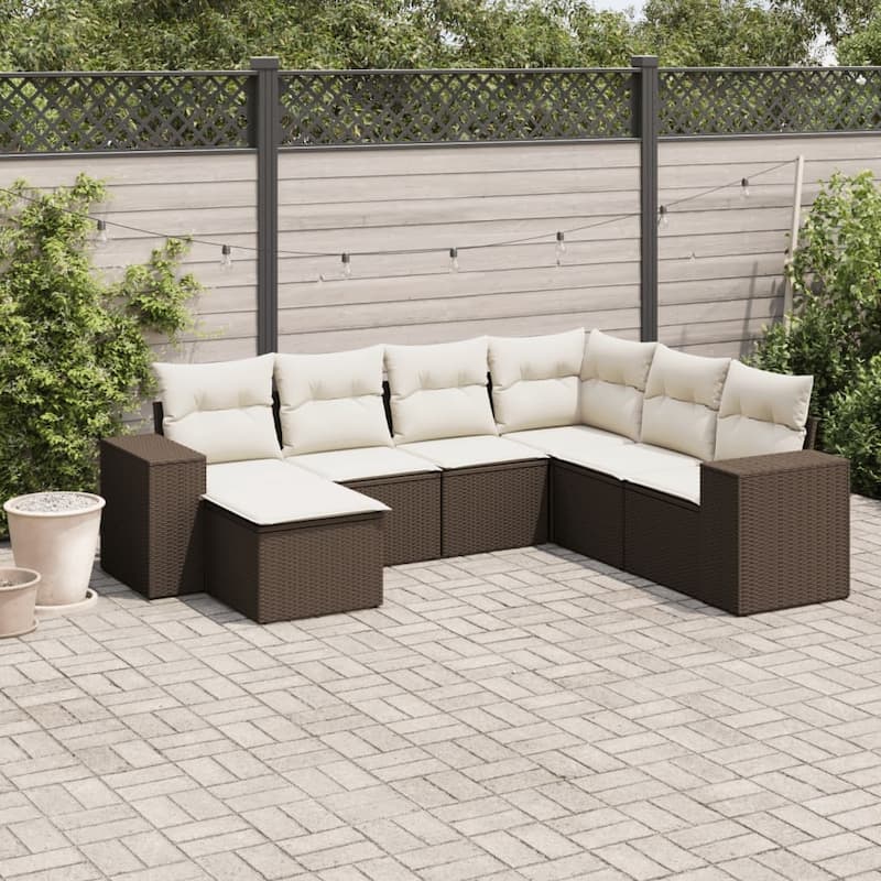 vidaXL Patio Sofa Set with Cushions Outdoor Conversation Furniture Poly Rattan - Brown and cream without table - 21.7 x 21.7 x 14.6