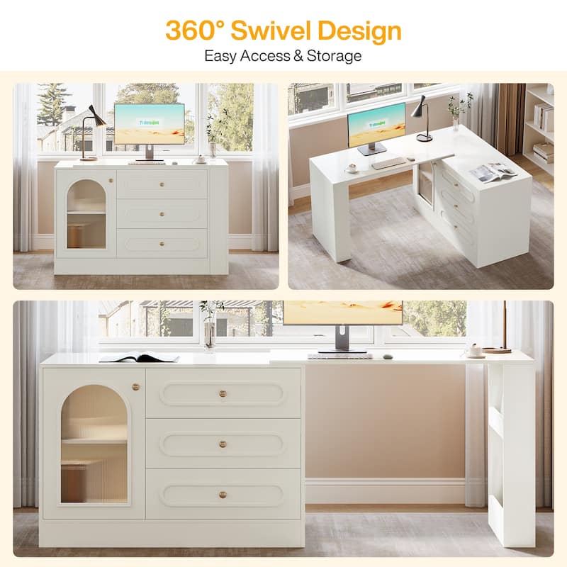 Modern 360° Rotatable Computer Desk, Executive Desk with 3 Drawers