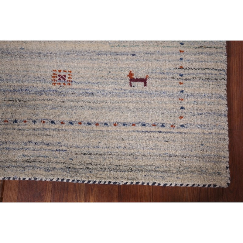 Striped Gabbeh Oriental Accent Rug Handmade Beige Wool Carpet - 4'1"x 5'8"