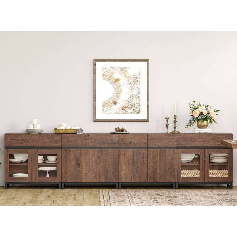 4 in 1 Sideboard Buffet Cabinet with 2 Glass Doors & Drawers, Adjustable Shelf, Metal Base for Living Room, Kitchen