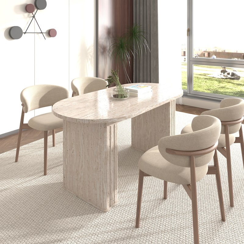 Kitchen extendable dining table for 4-8 people, oval kitchen table with wooden strip base for family living room - Beige
