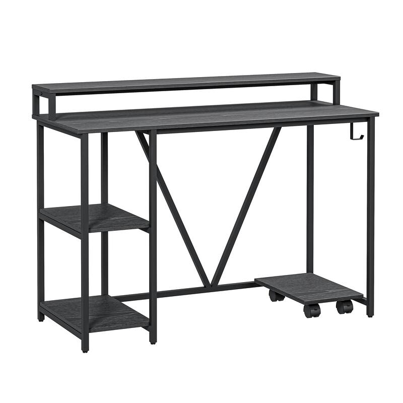 Modern Industrial Computer Desk with Two Open Shelves, Elevated Storage, and Accessory Holder for Home Office Organization