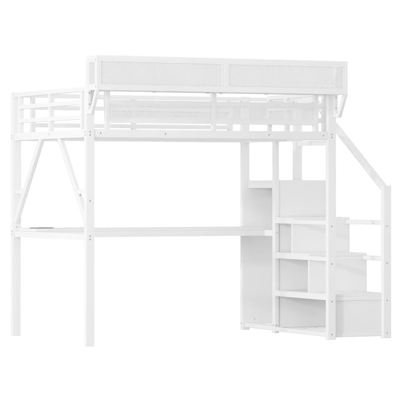 Full Loft Bed with Desk and Charging Station, Full Size Metal Loft Bed with Stairs and Light for Kids Teens