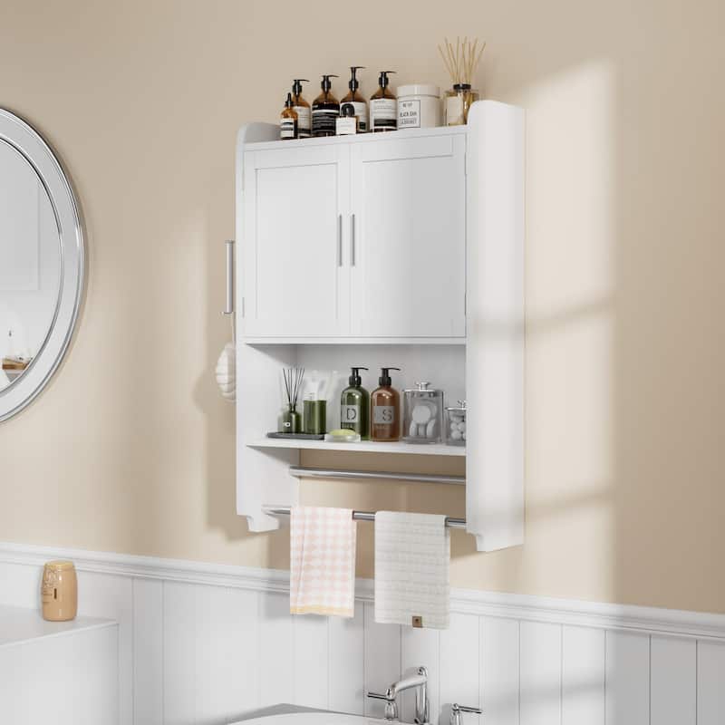 VECELO Bathroom Wall Cabinet Over Toilet Storage Cabinet Medicine Cabinet Space Saving with 2 Doors Open Shelves Towel Bars