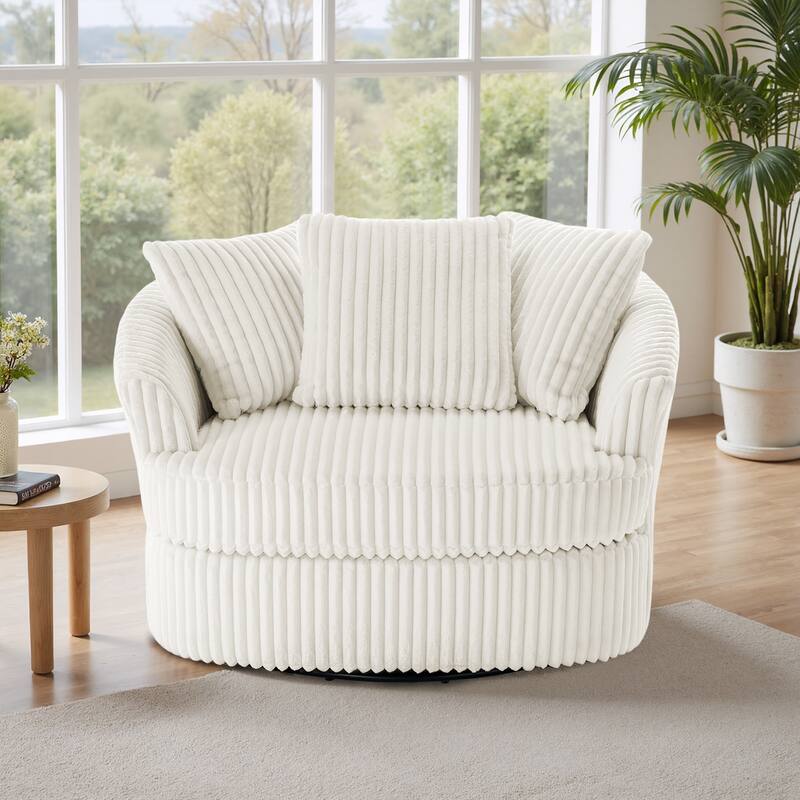 Oversized 43" W Plush Corduroy Swivel Barrel Chair with Pillows