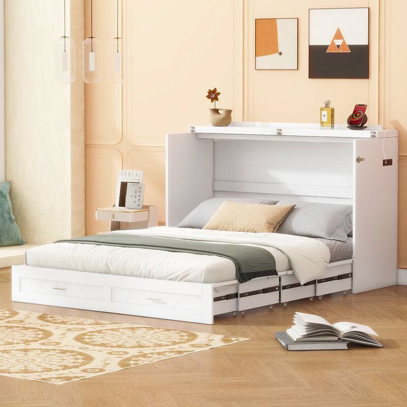 Murphy Bed with Pulley Design, Drawer, USB Ports