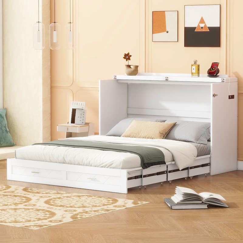 Queen Size Murphy Bed with Pulley System, Storage Drawer, USB Ports, and Sockets, Space-Saving