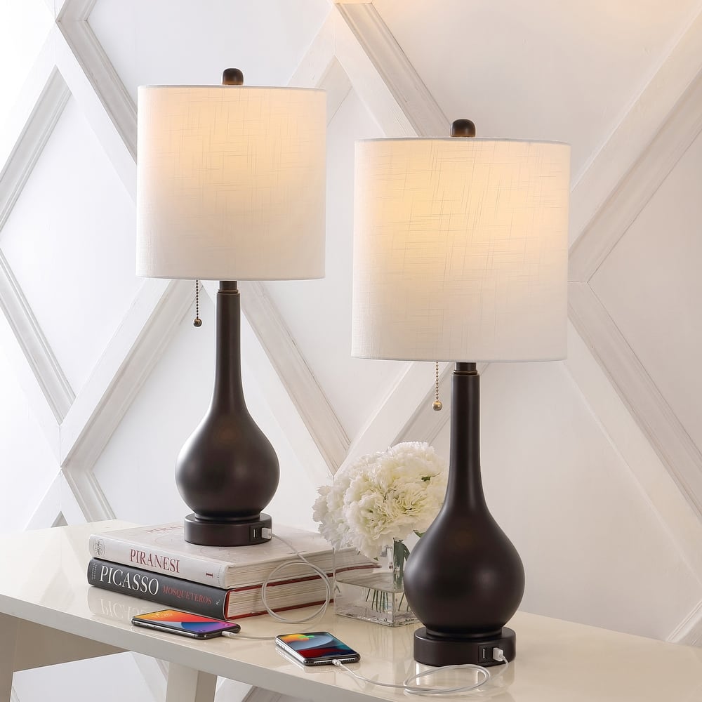 JONATHAN Y Grant 24" Modern Classic Gourd Iron LED Table Lamp with Pull-Chain with Dual USB Charging Port,(Set of 2)