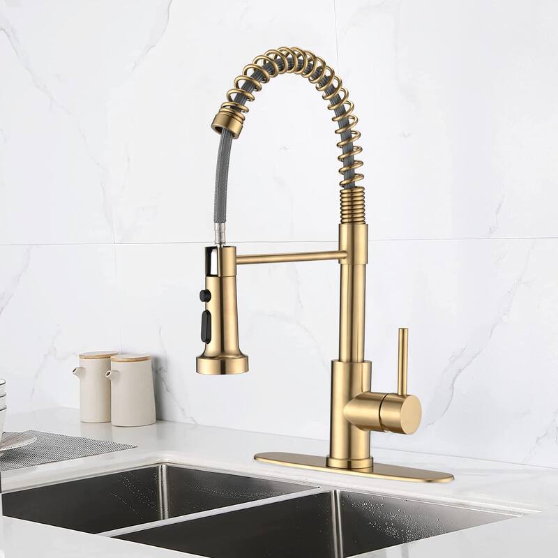 Single Handle Deck Mounted Spring Neck Pull Down Kitchen Faucet with Deckplate in Brushed Gold - Brushed Gold