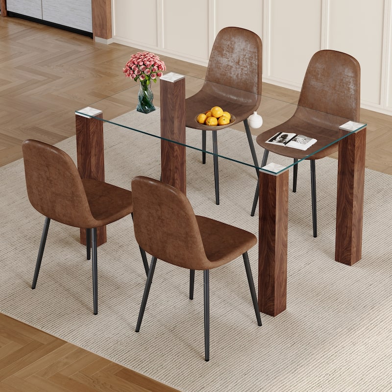 5-Piece Glass Dining Table Set for 4, Modern 49.6" Rectangular Kitchen Table Set with 4 Fabric Brown Chairs for Dining Room