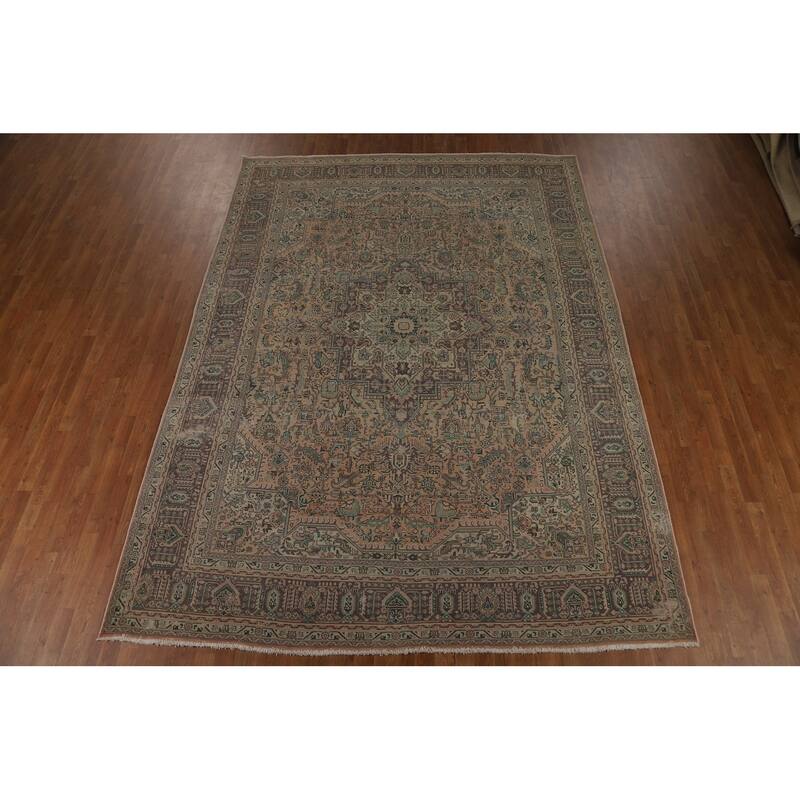Tabriz Persian Vintage Area Rug Hand-Knotted Peach Wool Carpet - 8'4" x 11'3"