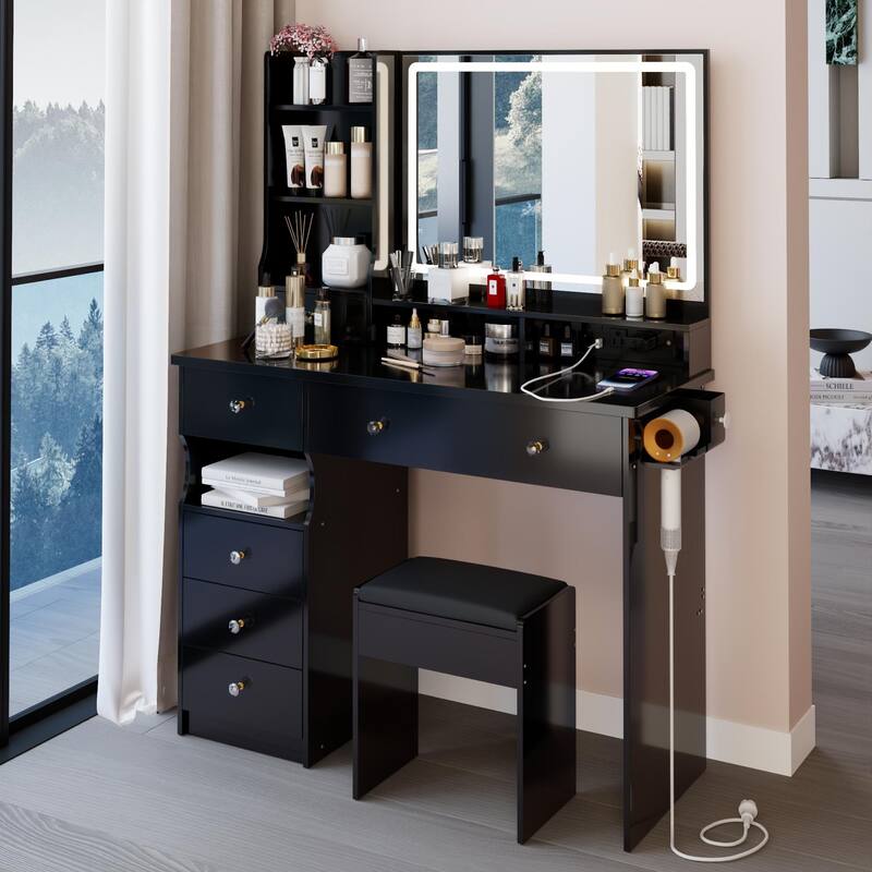 41" Large Size Left Drawer Desktop Vanity Table + Cushioned Stool Dresser Set, 2 AC+2 USB Power Station, Hair Dryer Stand