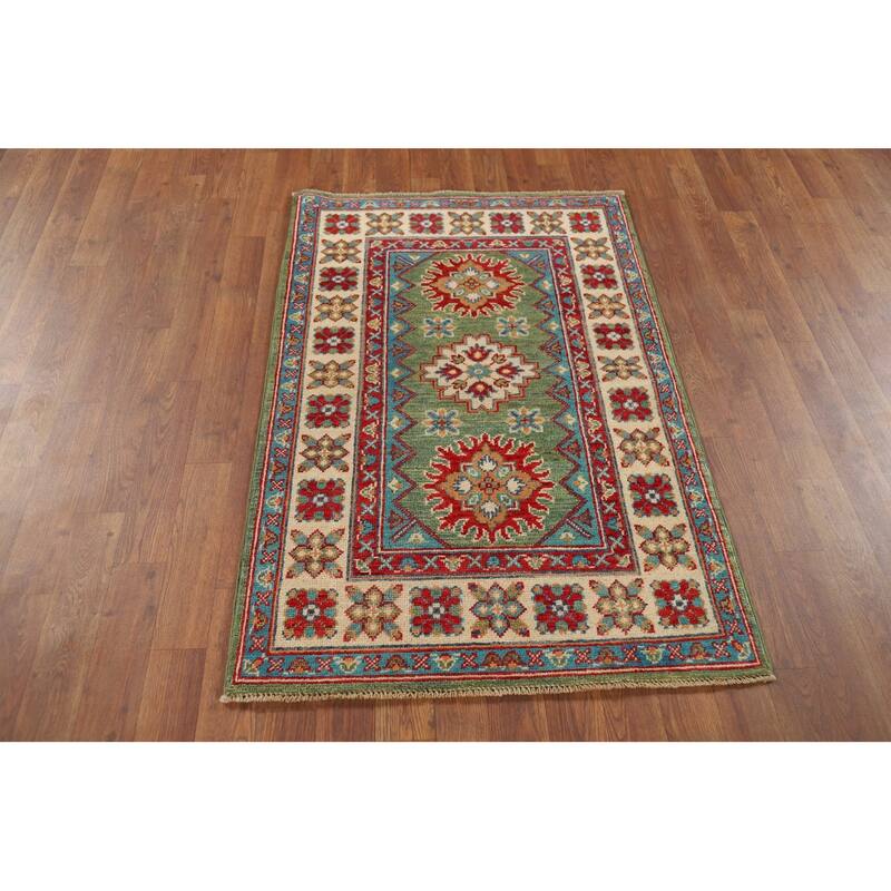 Green Geometric Kazak Oriental Foyer Rug Hand-Knotted Wool Carpet - 2'8" x 4'0"