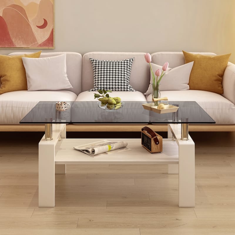 Rectangle Coffee Table, Tempered Glass Tabletop with MDF Layer, Modern Table for Living Room