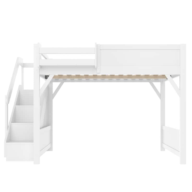 Full Size Loft Bed with Built-in Wardrobe and Storage Space, Solid Wood Loft Bed with Beside Shelves