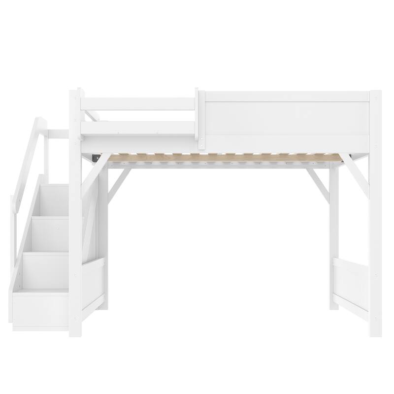Kids Solid Wood Loft Bed Frame with Built-in Wardrobe, Storage Shelves, Full-length Guardrails and Stairs, No Box Spring Needed