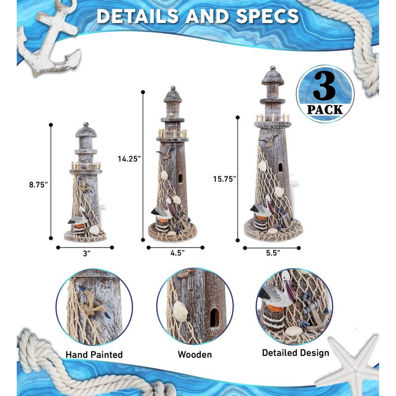 CoTa Global Brown Wooden Lighthouse Collection - 3 Pc Set