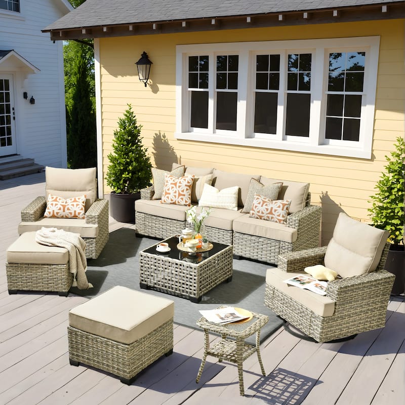OVIOS 9 Pieces Wide Arm T shaped Seat Curved Swivel Chair Set With Solar-Powered Table - Beige