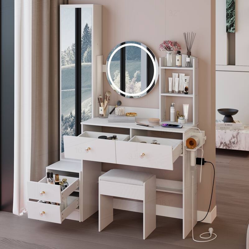 Versatile Vanity Table Set with LED Mirror and Multiple Power Ports - White