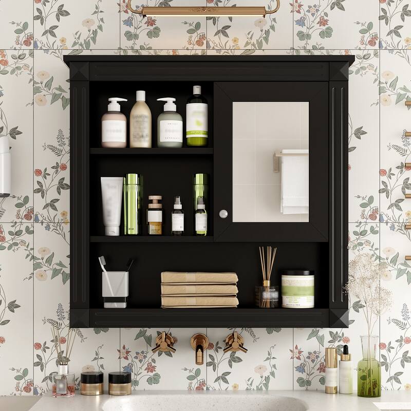 32'' Bathroom Wall Cabinet with Mirror, Wall Mounted Medicine Cabinet with 4 Shelves, Adjustable Shelves - Black