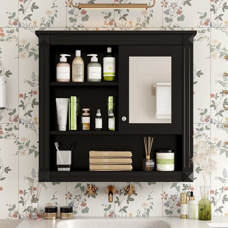 Roomfitters 32" Wall Cabinet with Mirror, Medicine Cabinet with 4 Shelves and Adjustable Storage, Over Toilet Organizer - Black