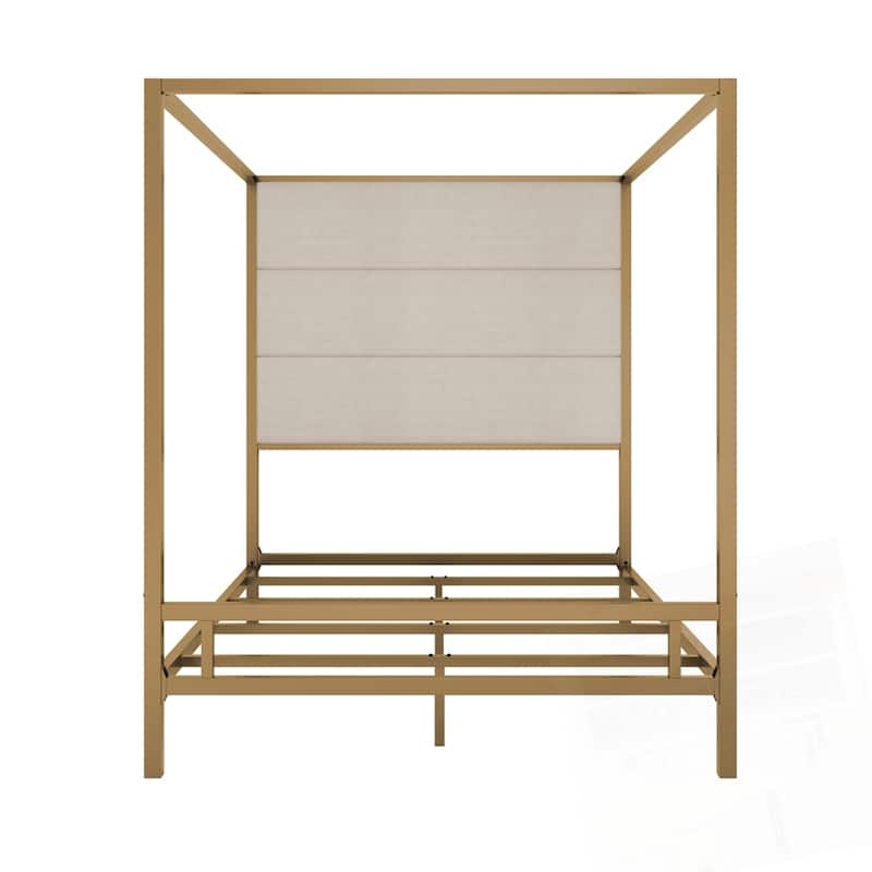 Metal 4-Poster Bed Frame Modern Canopy Upholstered Bed with Tall Upholstered Headboard