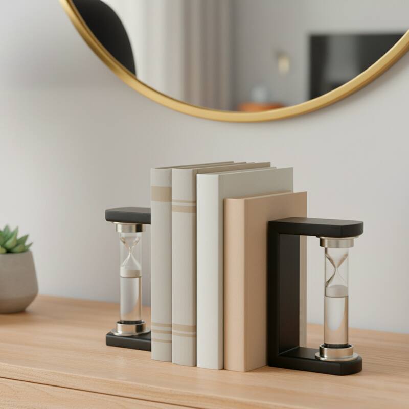 Decorative Hourglass Sand Timer Bookends - Set of 2, 8", Black - 10.0" - Black - 10.0"