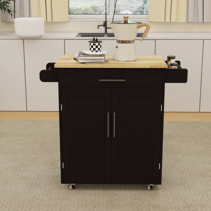 Black Rubber Wood Kitchen Island Cart with Drawer, Adjustable Shelves & Racks