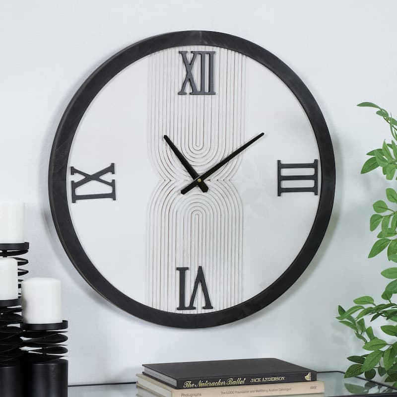 Wood Geometric Art Deco Inspired Line Art Decorative Wall Clock with Black Accents - White - Roche River Decor
