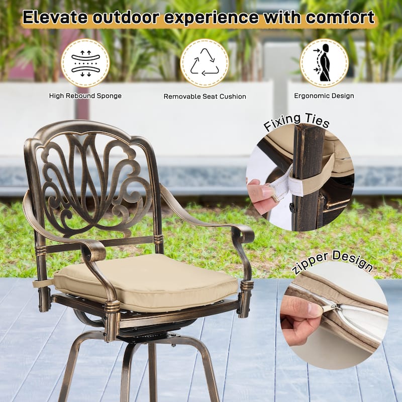 Set of 2 Aluminum Swivel Bar Stools with Thick Comfortable Cushions and Footrests for Patio or Porch - 25.2"D x 25.6"W x 51"H