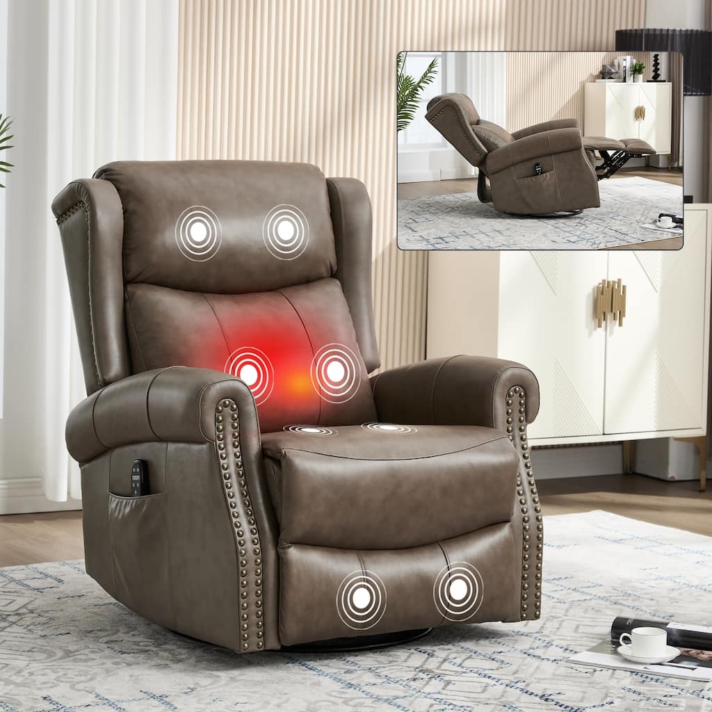360° Swivel Rocking Recliner with Heat & Massage, Genuine Leather