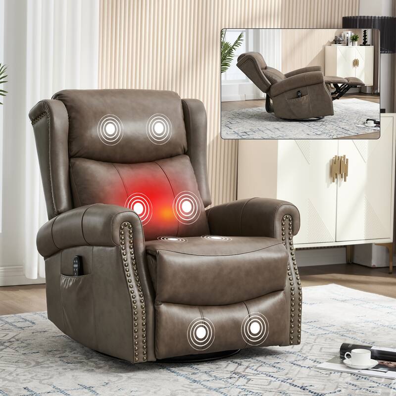 RoomfittersLeather Manual Swivel Rocker Recliner Chair with Heat and Massage Glider Lounge Sofa for Living Room - Brown+Gray