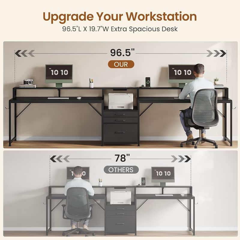 96.5" Office Desk double Person Computer Desk 3 Fabric Drawers