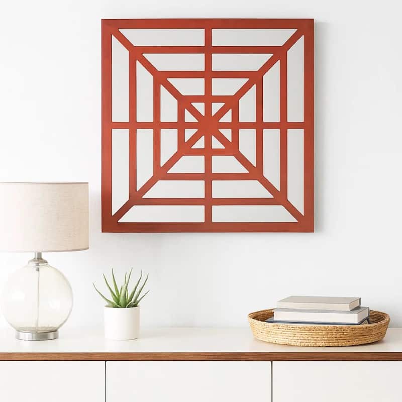 Wooden Wall Decor Set of 2 with Concentric Square Design on Top, Red and Silver