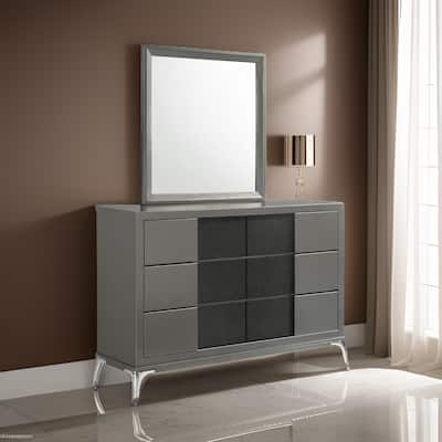 Rya 56 Inch Modern Wide Dresser with 6 Drawers, Gray Wood, Chrome