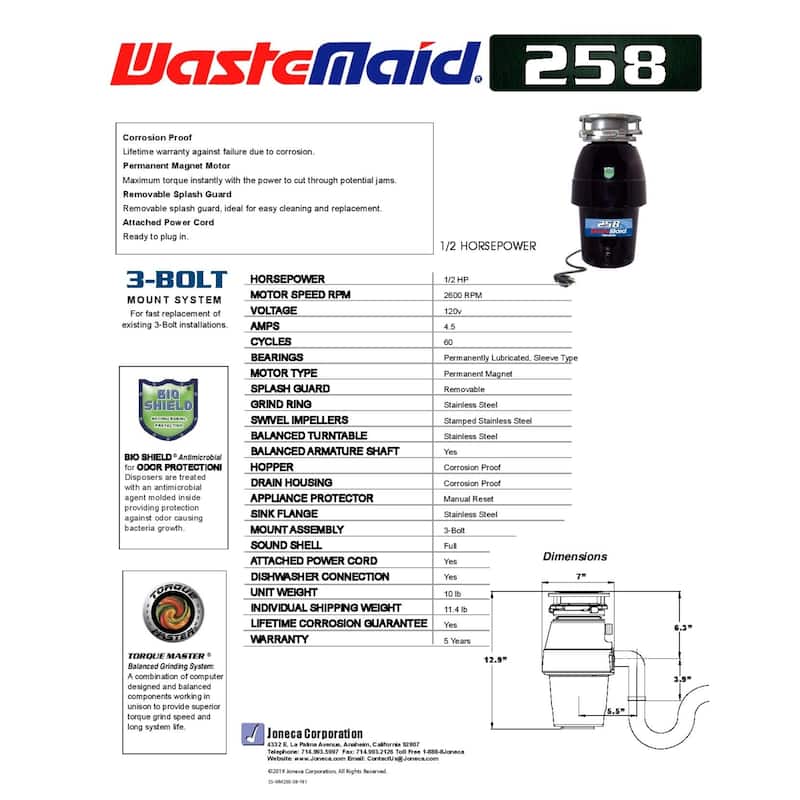 Waste Maid 1/2 HP Mid-Duty Garbage Disposal with Attached Power Cord - stainless steel - 1/2 hp