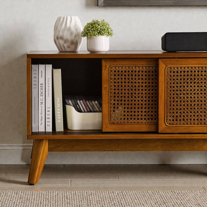 Mid Century Modern 59" Rattan TV Stand for 65" TV, Media Console with Solid Wood Legs and Storage Cabinet