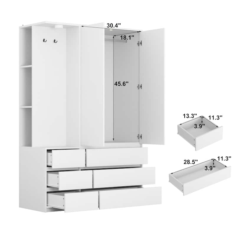 Wardrobe Armoire Closet with 2 Doors, White Clothing Storage Cabinet with 6 Drawers and Hanging Rail