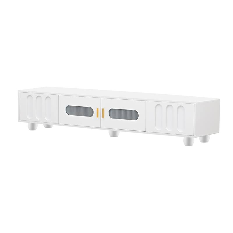 Contemporary 80" TV Stand with Glass Door, 2 Drawers & Cabinets, Solid Wood Legs, Metal Handles, TV Storage Console
