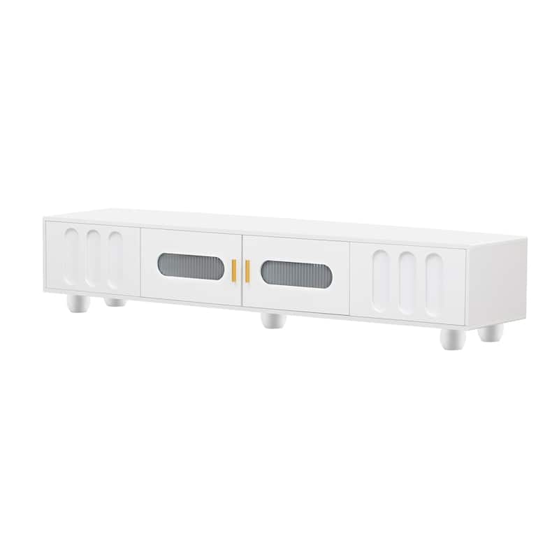 Contemporary TV Stand for 80 Inch TVs, Storage Cabinet with Glass Doors, 2 Drawers, 2 Cabinets, Solid Wood Legs