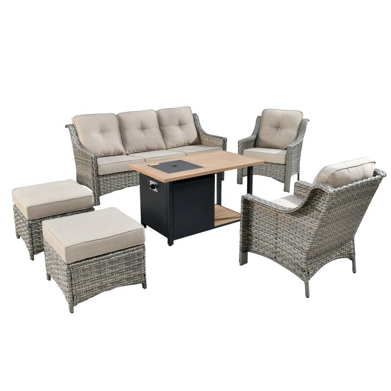 HOOOWOOO 6-piece Wicker Patio Furniture Set with Fire Pit Table