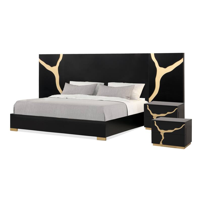 Furniture of America Kismet Modern 3-Piece Black Wood Platform Bedroom Set with Wall Panels