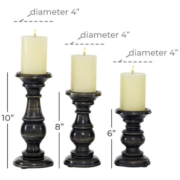dimension image slide 0 of 6, Mango Wood Turned Style Pillar Candle Holder (Set of 3) - White, Brown, Gold, Black, Light Blue, Cream, Silver