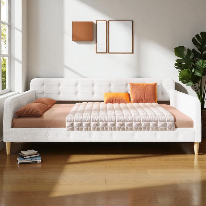 Queen Size Upholstered Daybed with Linen Fabric, Solid Wood Frame & 4 Support Legs, Sofa Bed for Guest Room