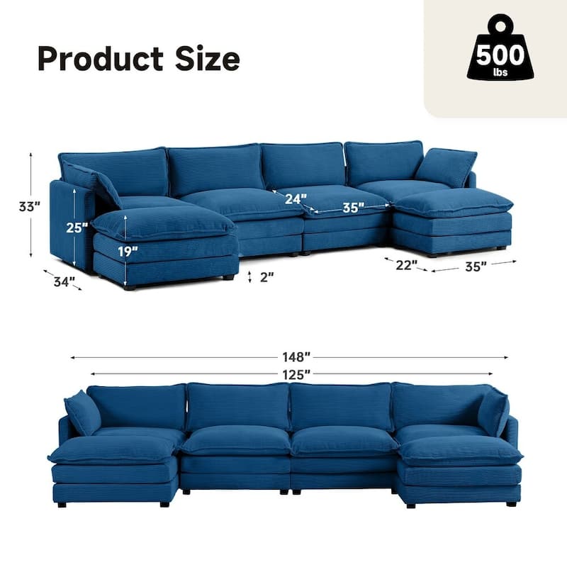 Oversized Modular Corduroy Sectional Sofa Set with Ottoman, 3-Seater / 4-Seater Deep Seat Lounge Couch for Living Room