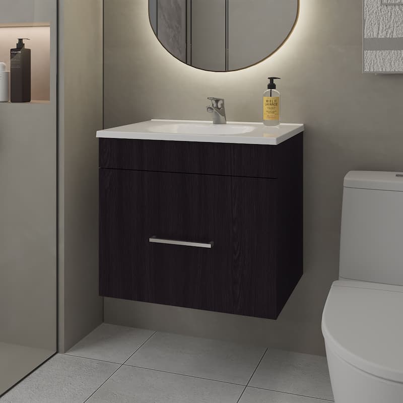 Story Floating Bathroom Vanity Set with Sink, One Drawer - Brown