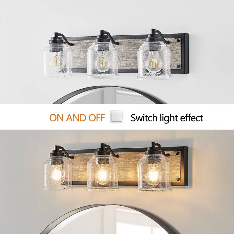 23" Farmhouse Vanity Light Fixture, 3-Light Bathroom Wall Sconce with Clear Seeded Glass Shades, Black and Wood Grain Finish