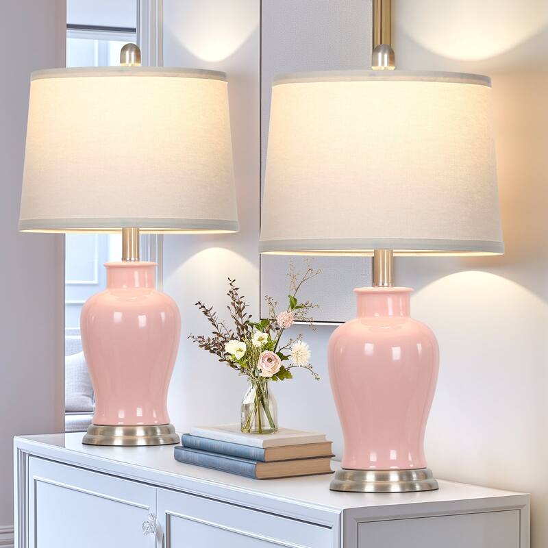 23-Inch Ceramic Ginger Jar Table Lamp with White Fabric Shade and LED Bulb - 12.5'' X 12.5'' X 23'' (L X W X H) - Pink