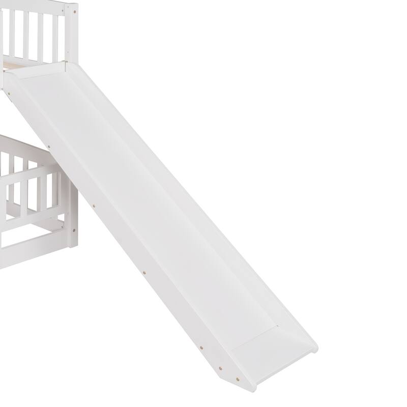 Full Over Full Bunk Bed with Slide, Ladder and Safety Fence for Kids and Teens - White